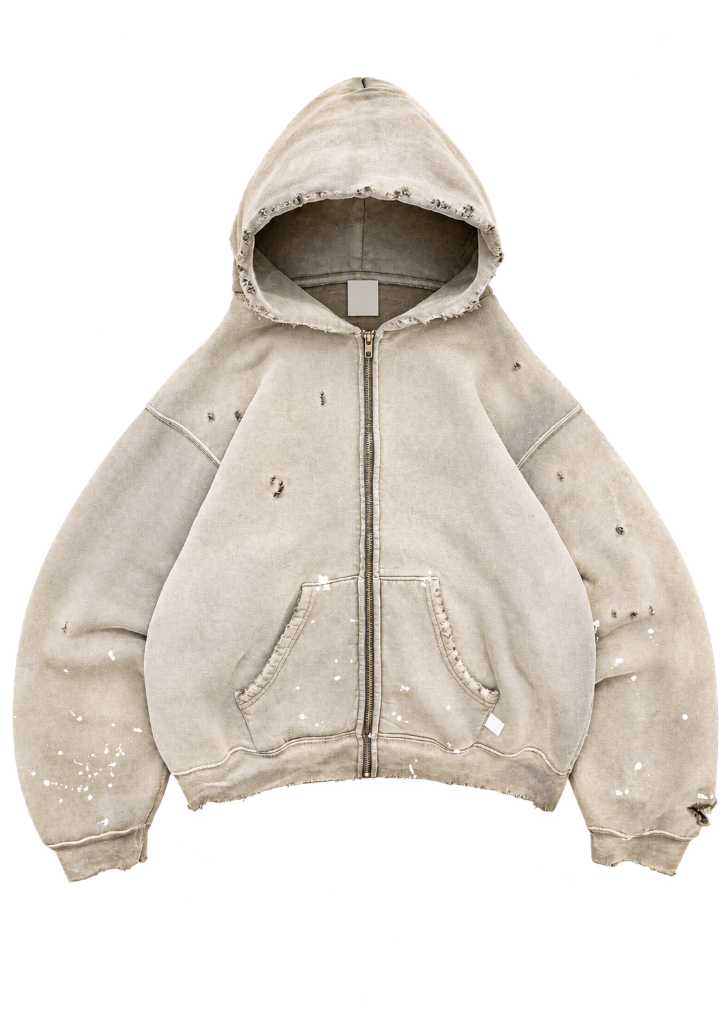 Distressed Zip-Up Hoodie - Bone